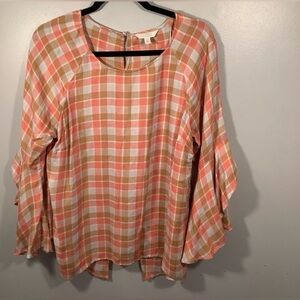 LC Lauren Conrad Peach Plaid Bell Sleeve Blouse